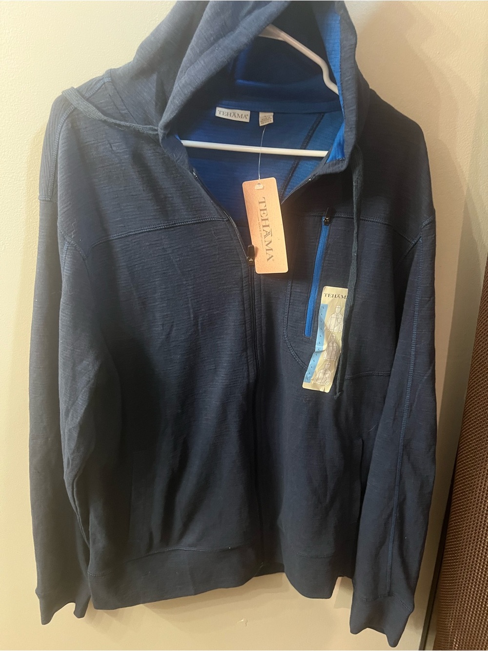 TEHAMA Navy Hooded Zip Sweater with Blue Accent